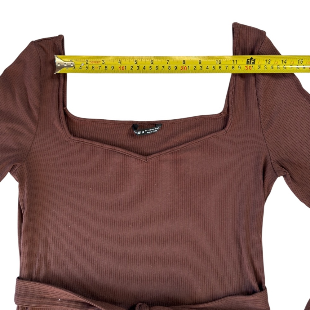 SHEIN NWOT Maternity Chic Sweetheart Neck Belted Dress Midi Timeless Brown L - Picture 9 of 16